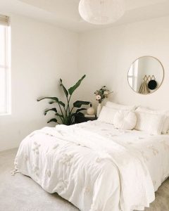 Habitación blanca con planta de hojas grandes, espejo en pared redondo, lámpara de techo de papel